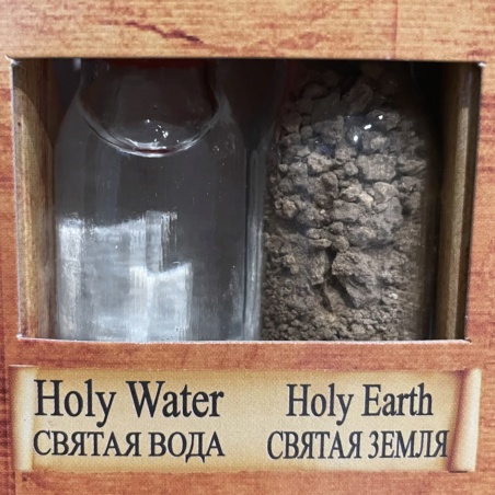 Набор с иконой, крестом и свечой: святая вода и земля, освященное масло и ладан