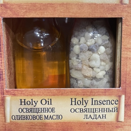 Набор с иконой, крестом и свечой: святая вода и земля, освященное масло и ладан